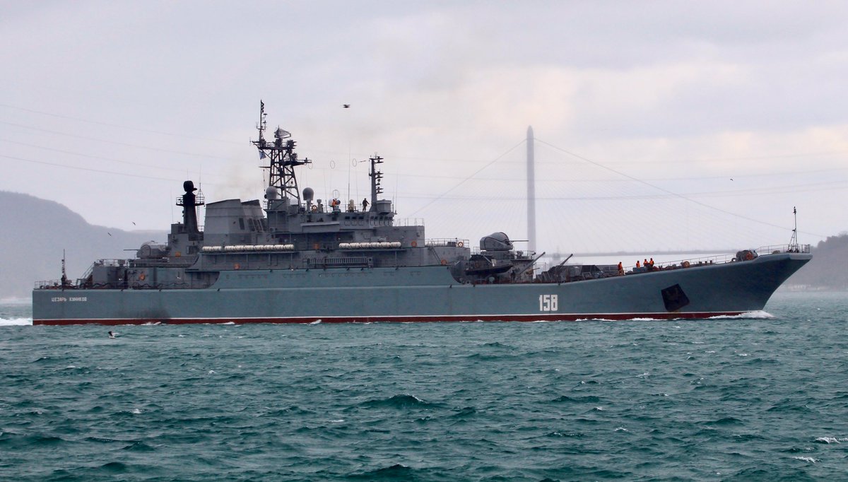 Heavily laden Russian Navy Project 775 RussianNavy Black Sea Fleet 197th Landing Ship Brigade's Ropucha class LSTM (tank carrying landing ship) Tsezar Kunikov 158 transits Bosphorus towards Mediterranean en route to Tartus Syria. 12:30Z