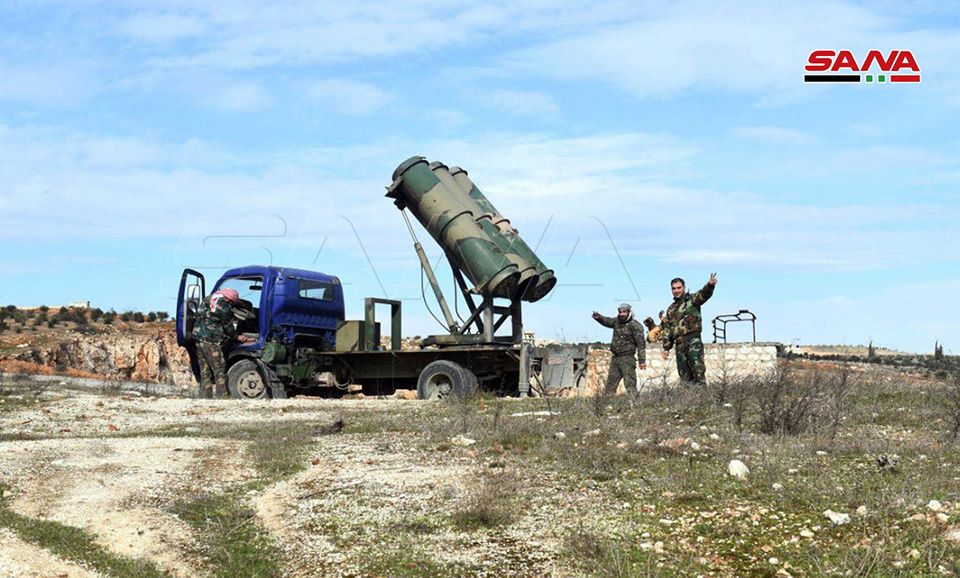 Syria: pro-Assad forces pictured in Khaldiyah (South-West Aleppo front). NDF Volcano rockets' launcher visible