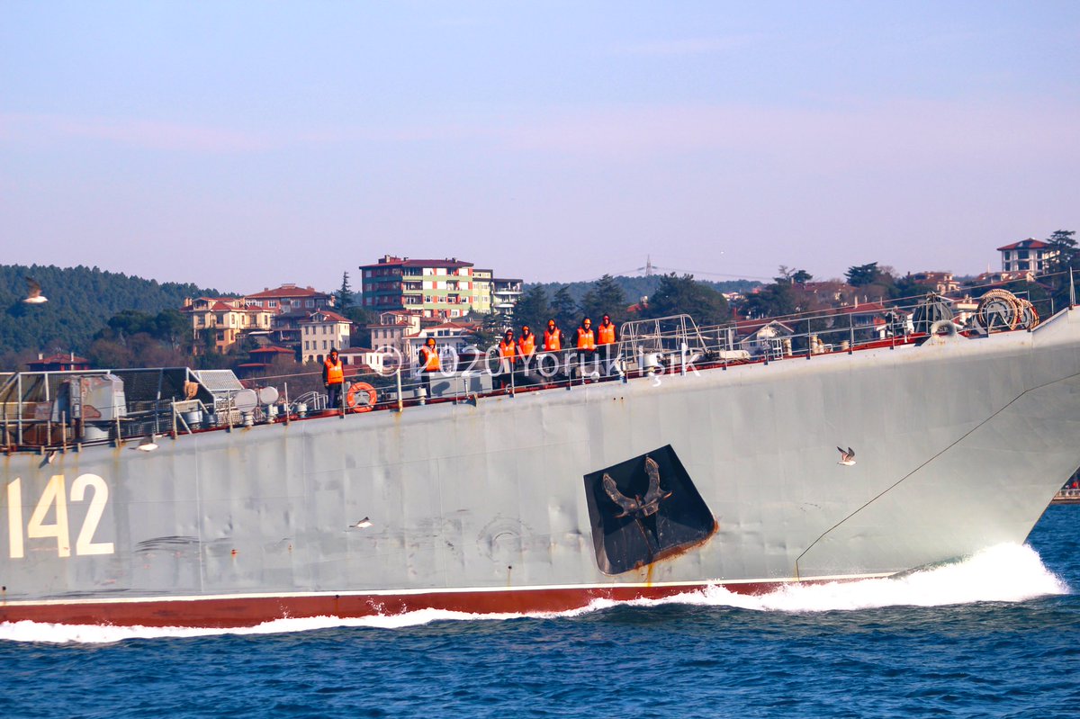A final Syrian showdown looms: Heavily laden Russian Navy Project 775 Russian Navy Black Sea Fleet 197th Landing Ship Brigade's Ropucha class LSTM (tank carrying landing ship) Novocherkassk 142 transits Bosphorus towards Mediterranean en route to Tartus Syria