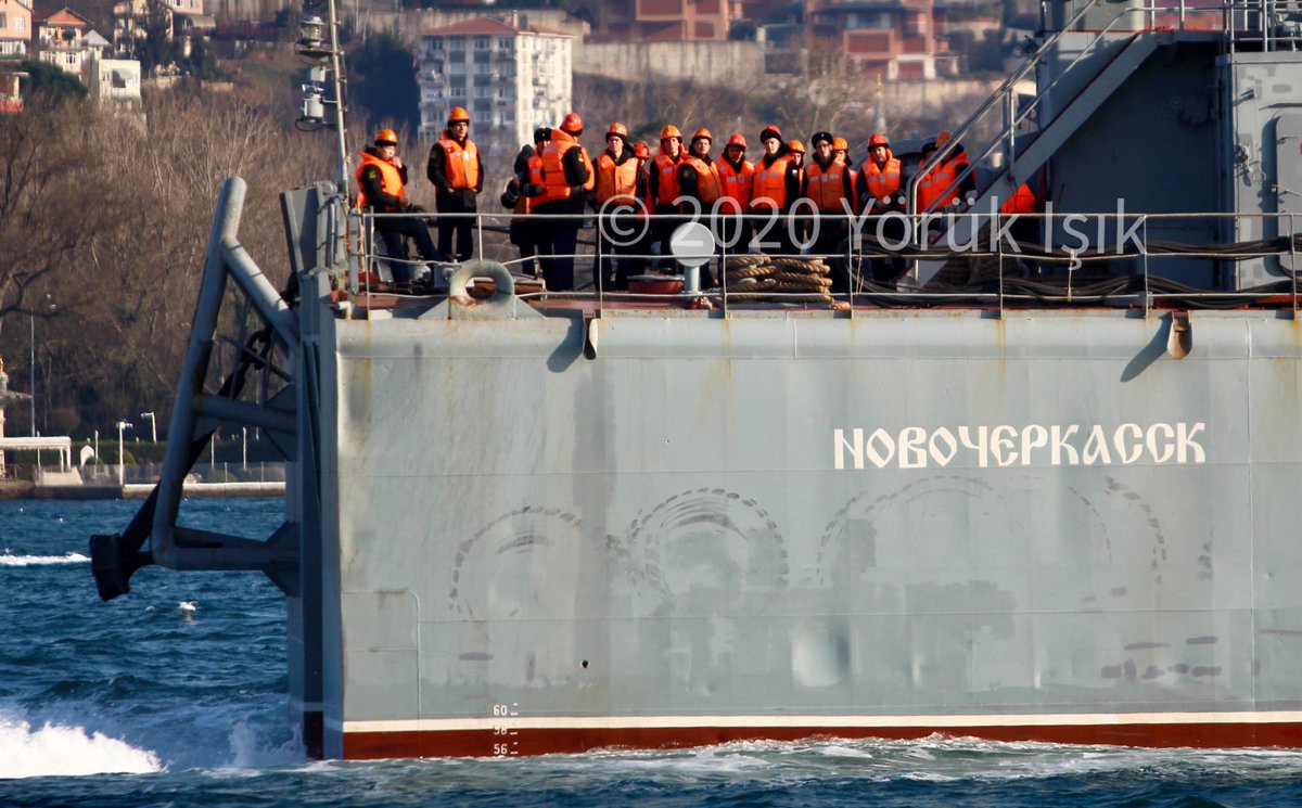 A final Syrian showdown looms: Heavily laden Russian Navy Project 775 Russian Navy Black Sea Fleet 197th Landing Ship Brigade's Ropucha class LSTM (tank carrying landing ship) Novocherkassk 142 transits Bosphorus towards Mediterranean en route to Tartus Syria