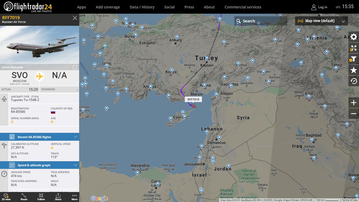 Russian Air Force Tu-154B-2 RFF7019 descending for Khmeimim Air Base ...