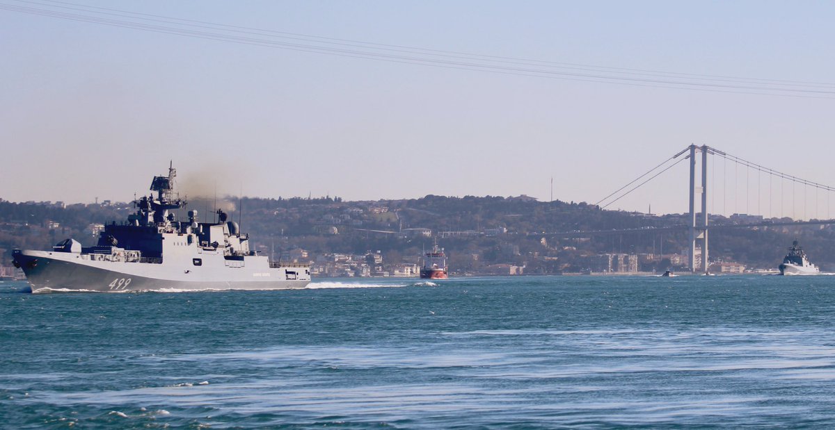 Armed with Kalibr SS-N-27 missiles, Russian Navy Project 11356M guided missile frigates BSF 30th Surface Ship Div's Admiral Makarov & Admiral Essen returned from Med deployment & transited Bosphorus together towards Black Sea. VLS can also launch SS-N-30A3M-14 Kalibr, range 1500km