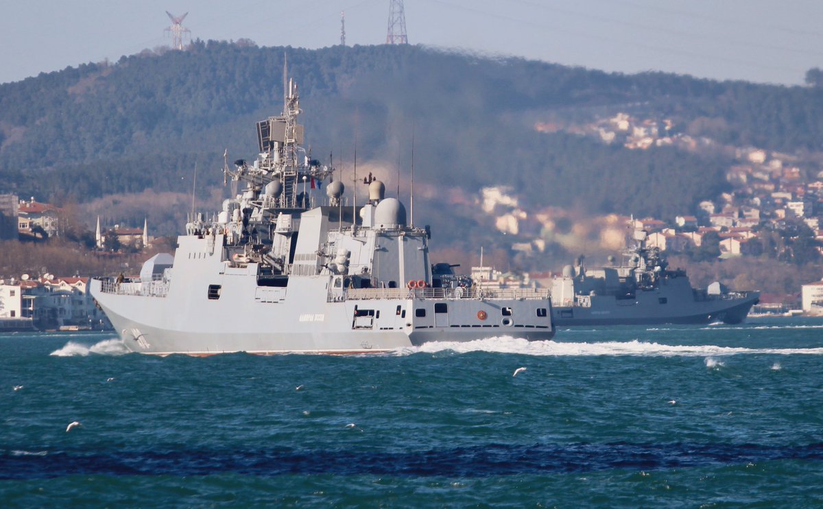 Armed with Kalibr SS-N-27 missiles, Russian Navy Project 11356M guided missile frigates BSF 30th Surface Ship Div's Admiral Makarov & Admiral Essen returned from Med deployment & transited Bosphorus together towards Black Sea. VLS can also launch SS-N-30A3M-14 Kalibr, range 1500km