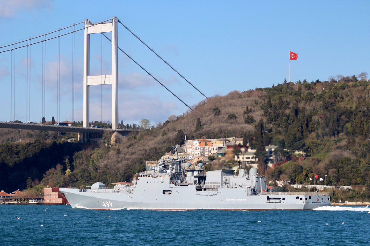 Armed with Kalibr SS-N-27 missiles, Russian Navy Project 11356M guided missile frigates BSF 30th Surface Ship Div's Admiral Makarov & Admiral Essen returned from Med deployment & transited Bosphorus together towards Black Sea. VLS can also launch SS-N-30A3M-14 Kalibr, range 1500km