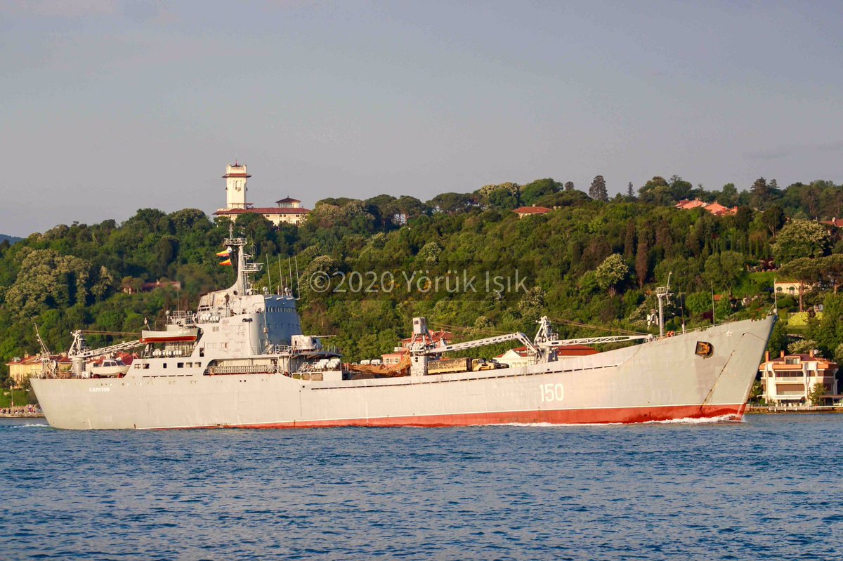 Russia's Syria campaign / Second ship today: Russian Navy Project 1171 BSF 197th Landing Ship Brigade Tapir (NATO:Alligator) class tank carrying LST Saratov 150 transited Bosphorus towards Med en route to Tartus carrying desert tan Ural 4320 trucks & unknown object under camouflage