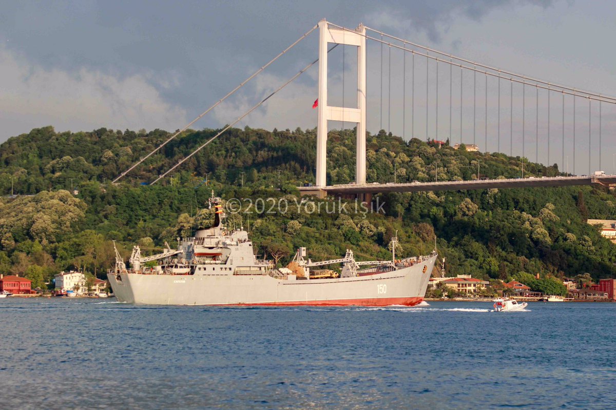 Russia's Syria campaign / Second ship today: Russian Navy Project 1171 BSF 197th Landing Ship Brigade Tapir (NATO:Alligator) class tank carrying LST Saratov 150 transited Bosphorus towards Med en route to Tartus carrying desert tan Ural 4320 trucks & unknown object under camouflage