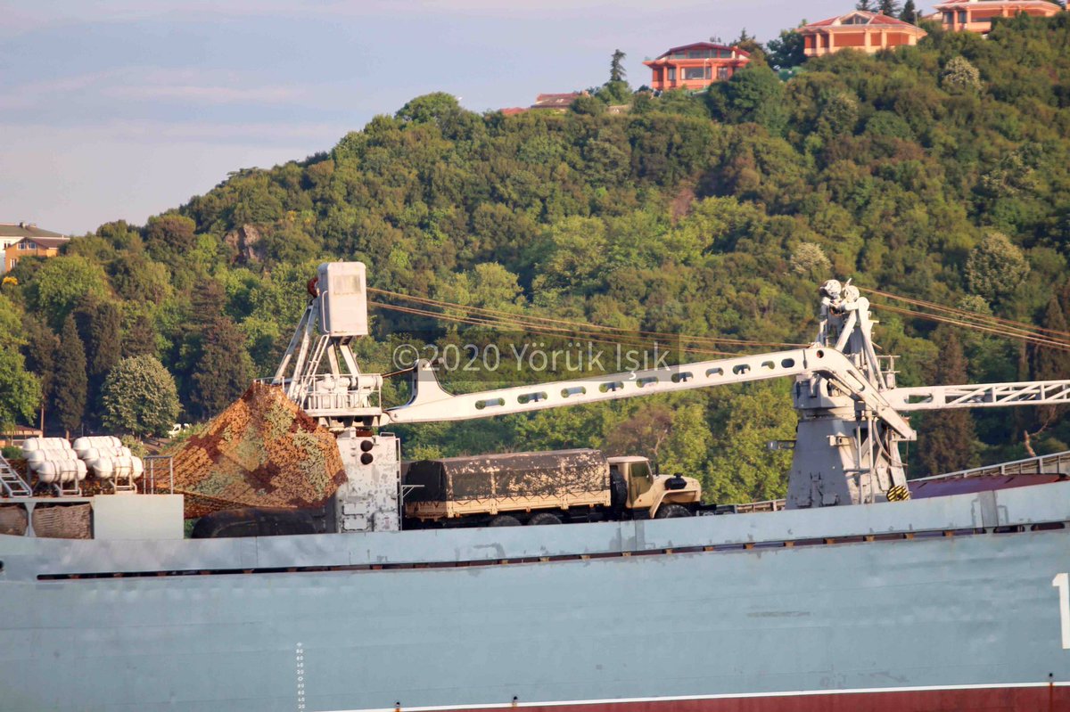 Russia's Syria campaign / Second ship today: Russian Navy Project 1171 BSF 197th Landing Ship Brigade Tapir (NATO:Alligator) class tank carrying LST Saratov 150 transited Bosphorus towards Med en route to Tartus carrying desert tan Ural 4320 trucks & unknown object under camouflage