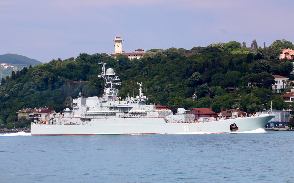 Russia's Syria campaign continues: Heavily laden: RussianNavy Russian Navy Project 775 BSF Black Sea Fleet 197th Landing Ship Brigade's Ropucha class LSTM (APC & tank carrying landing ship) Azov 151 transited Bosphorus en route to Tartus Syria. 14:00Z