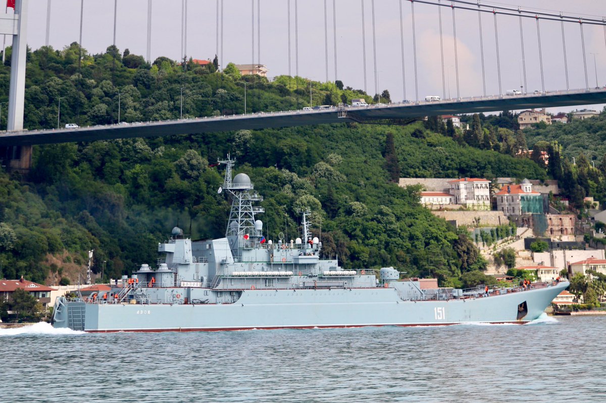 Russia's Syria campaign continues: Heavily laden: RussianNavy Russian Navy Project 775 BSF Black Sea Fleet 197th Landing Ship Brigade's Ropucha class LSTM (APC & tank carrying landing ship) Azov 151 transited Bosphorus en route to Tartus Syria. 14:00Z