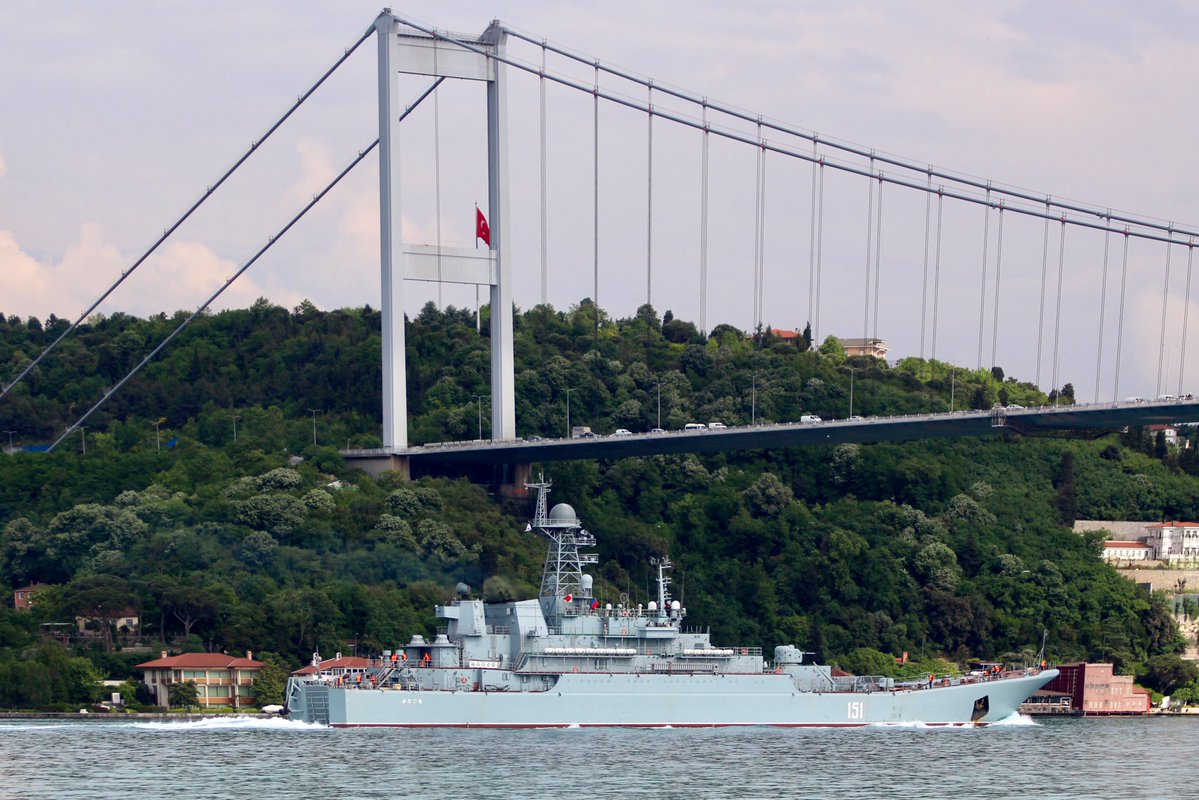 Russia's Syria campaign continues: Heavily laden: RussianNavy Russian Navy Project 775 BSF Black Sea Fleet 197th Landing Ship Brigade's Ropucha class LSTM (APC & tank carrying landing ship) Azov 151 transited Bosphorus en route to Tartus Syria. 14:00Z