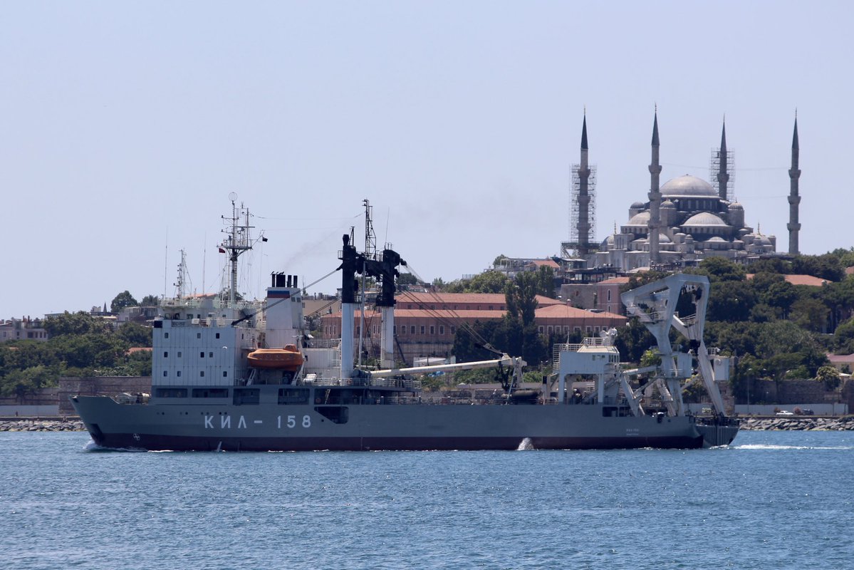 Russian Navy Project 141 Kashtan class buoy tender Black Sea Fleet 205th Auxiliary Ship Squad 2nd Group's crane ship KIL158 transited Bosphorus towards Mediterranean en route to Tartus Syria