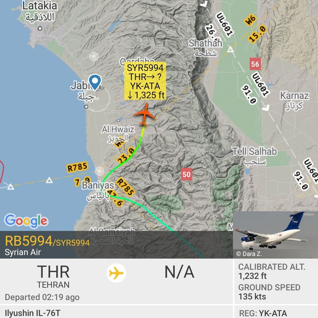 Syrian Air (Force) Ilyushin Il-76 reg. YK-ATA (SYR5994) from Tehran approaching Latakia/Russia Khmeimim