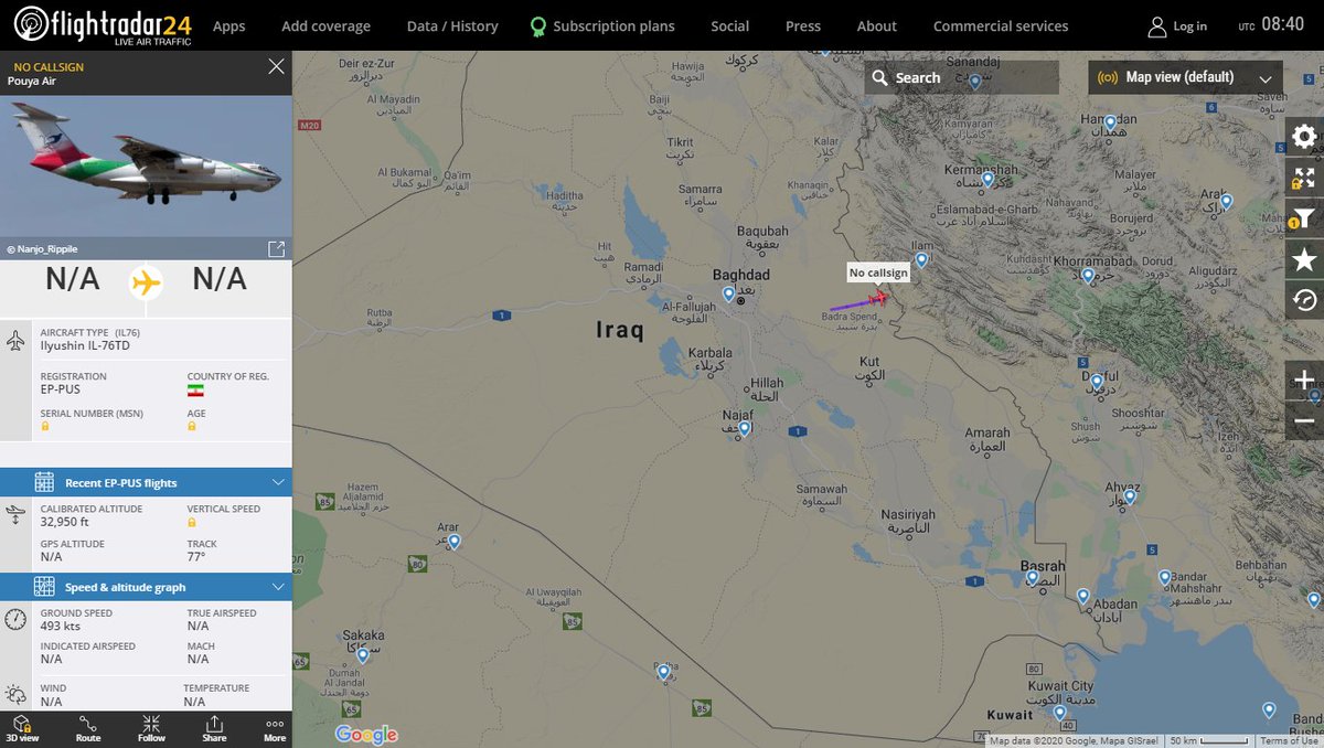 Pouya Air Ilyushin IL-76TD EP-PUS heading back to Tehran from Syria