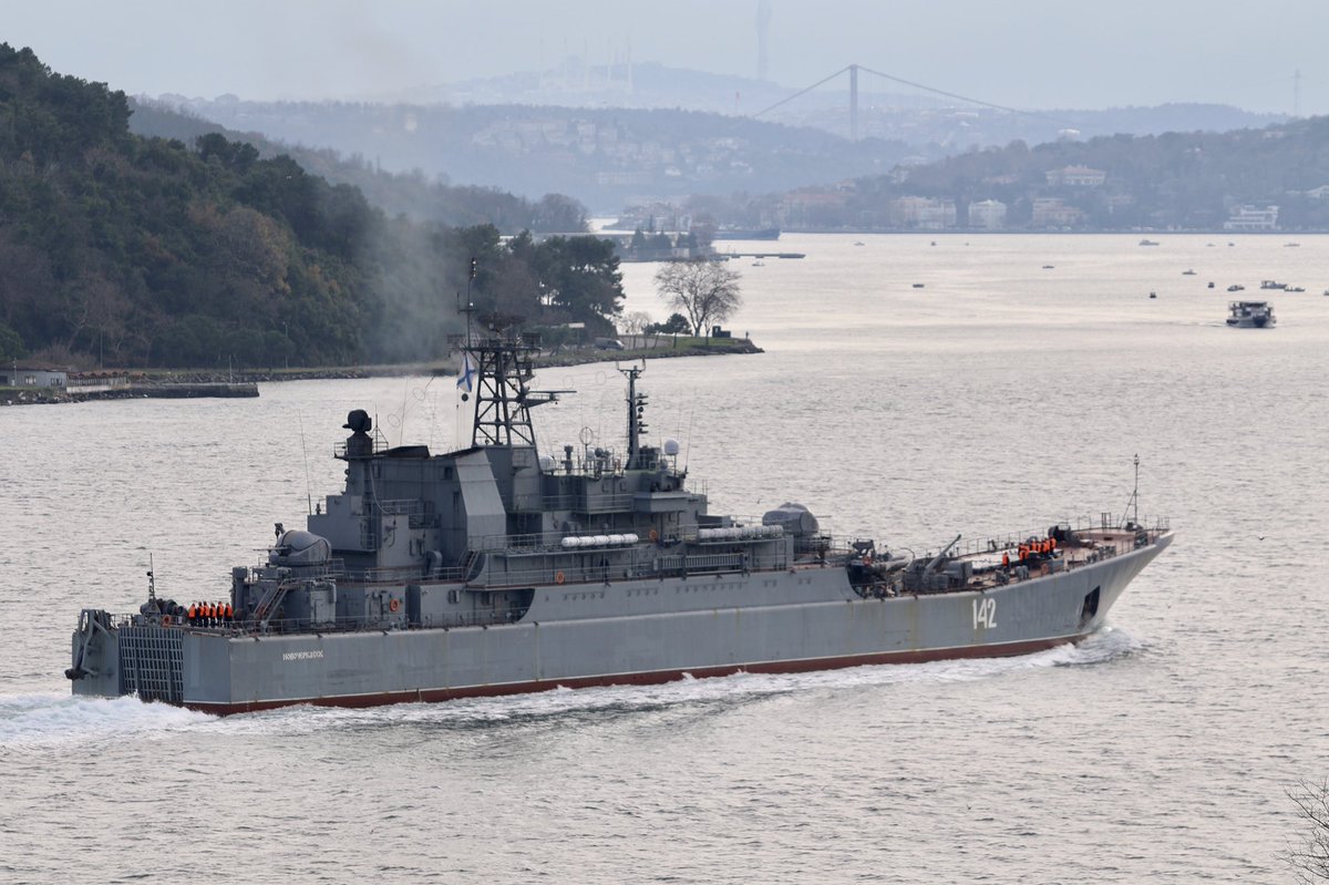 Russia's Syria campaign continues: Heavily laden Russian Navy Project 775 Black Sea Fleet 197th Landing Ship Brigade's Ropucha class LSTM (tank carrying landing ship) Novocherkassk 142 transits Bosphorus towards the Mediterranean en route to Tartus Syria