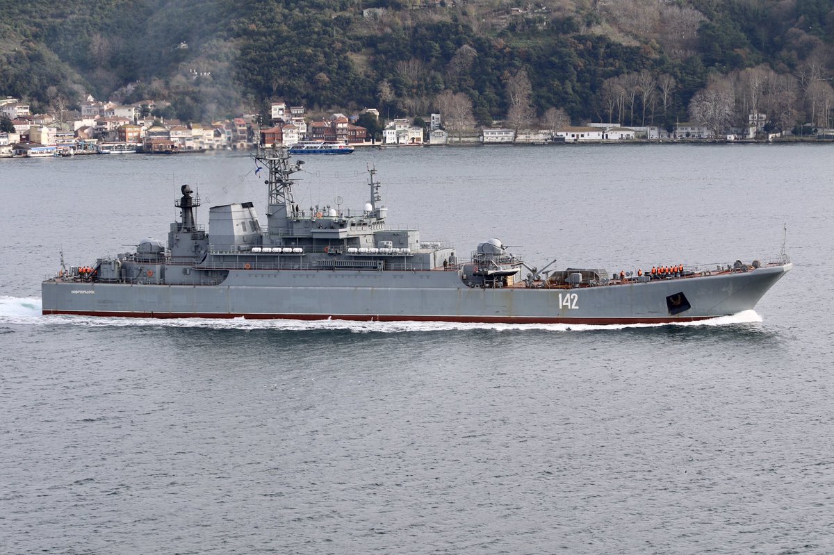 Russia's Syria campaign continues: Heavily laden Russian Navy Project 775 Black Sea Fleet 197th Landing Ship Brigade's Ropucha class LSTM (tank carrying landing ship) Novocherkassk 142 transits Bosphorus towards the Mediterranean en route to Tartus Syria