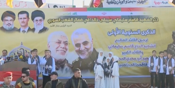 Lebanese Hezbollah (green uniforms), Pakistani Liwa Zainabiyoun and Afghani Liwa Fatemiyoun militants gathering in Al-Bukamal city in eastern Syria near the Iraq border today to commemorate the killing of IRGC Quds Force leader Qassem Soleimani