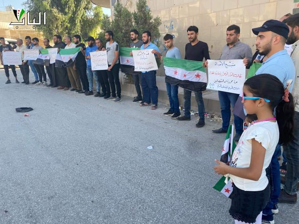 A protest stand in the city of Al-Bab against the practices of the SDF against the people of Manbij and their killing of peaceful demonstrators