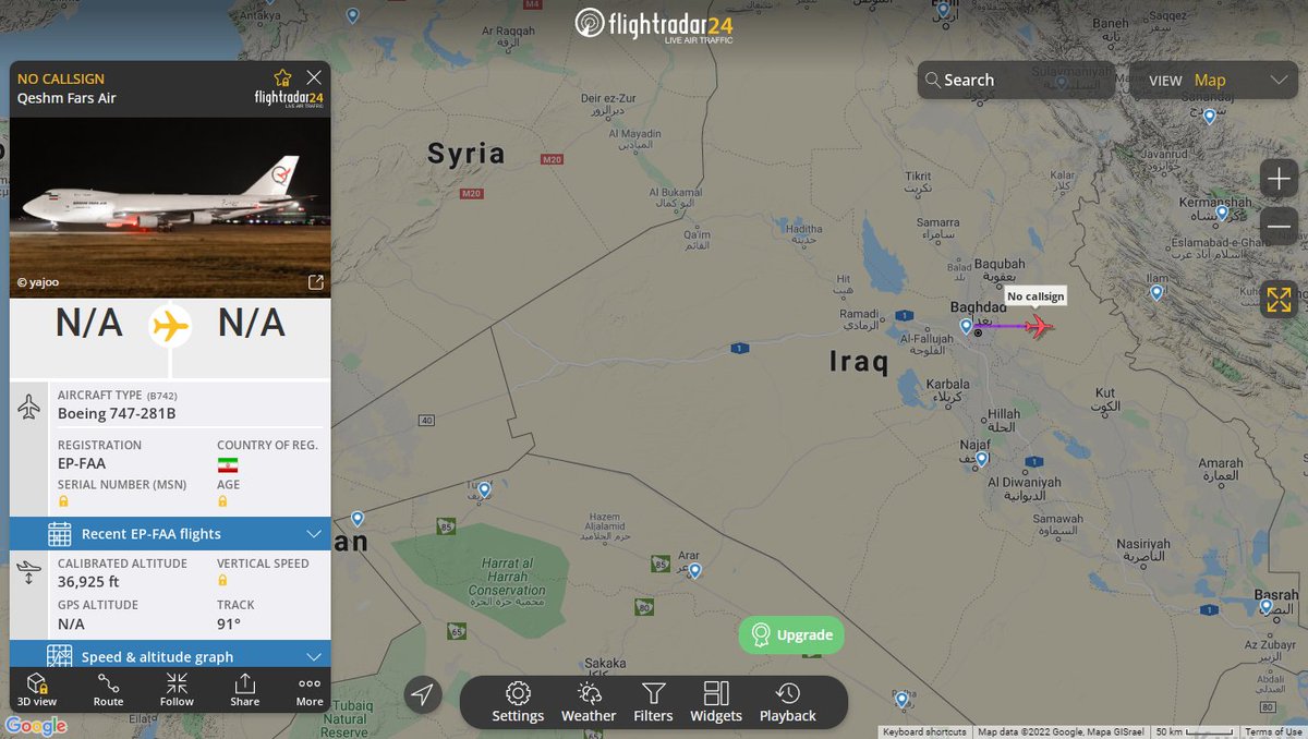 Qeshm Fars Air 747 EP-FAA  heading back to Tehran from Syria
