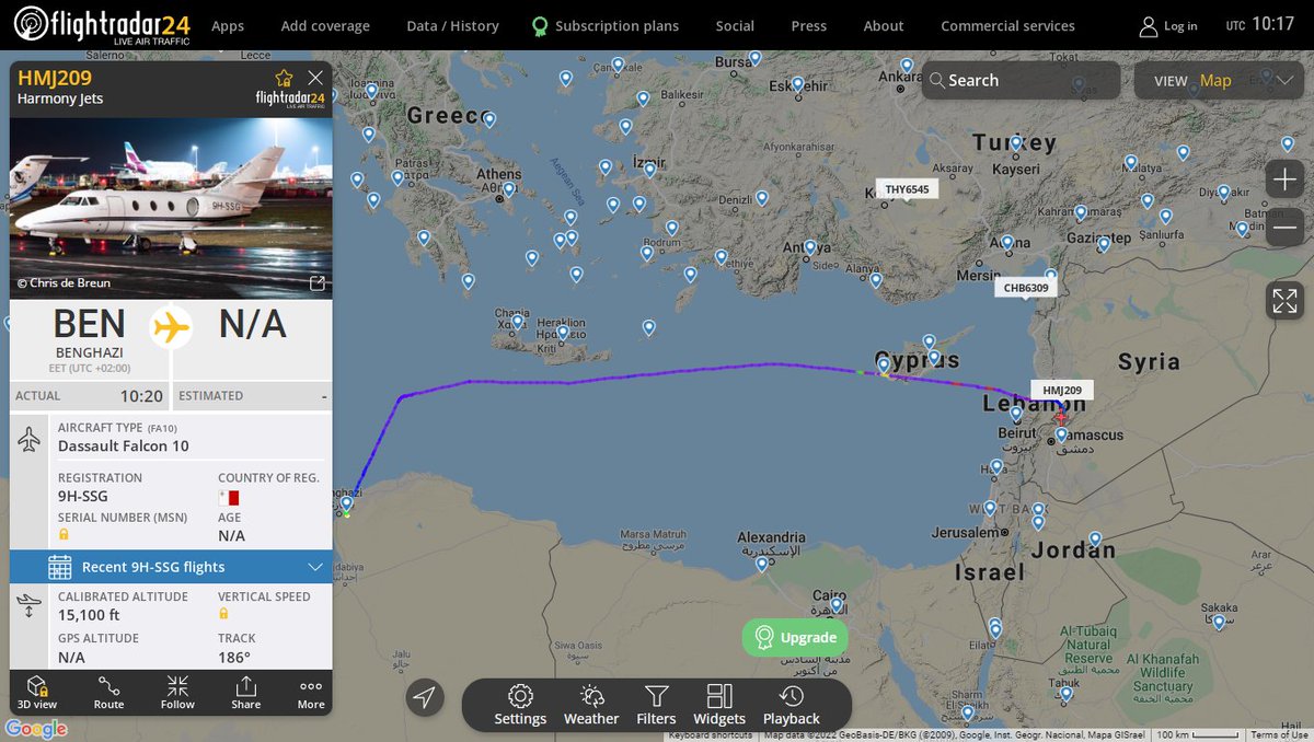 Haftar related Harmony Jets Falcon 10 9H-SSG en route to Damascus Syria from Benghazi