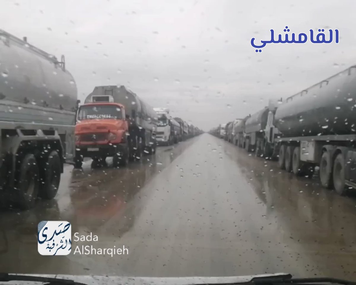 More than 150 oil tankers on both sides of the international road M4 at Zuri roundabout at the entrance to the city of Qamishli. Oil tankers transport oil from Qamishli to areas under the control of the Pro-Assad forces within agreements concluded between the Autonomous Administration and the Pro-Assad forces