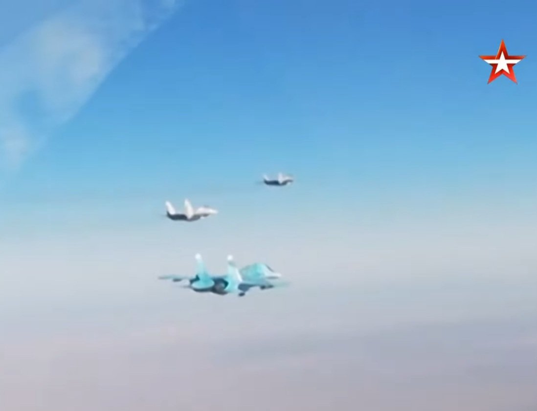 Stills showing a VKS Su-34 and a pair of Syrian Air Force MiG-29s during a recent joint air patrol. This is the first such joint Russian-Syrian air patrol.