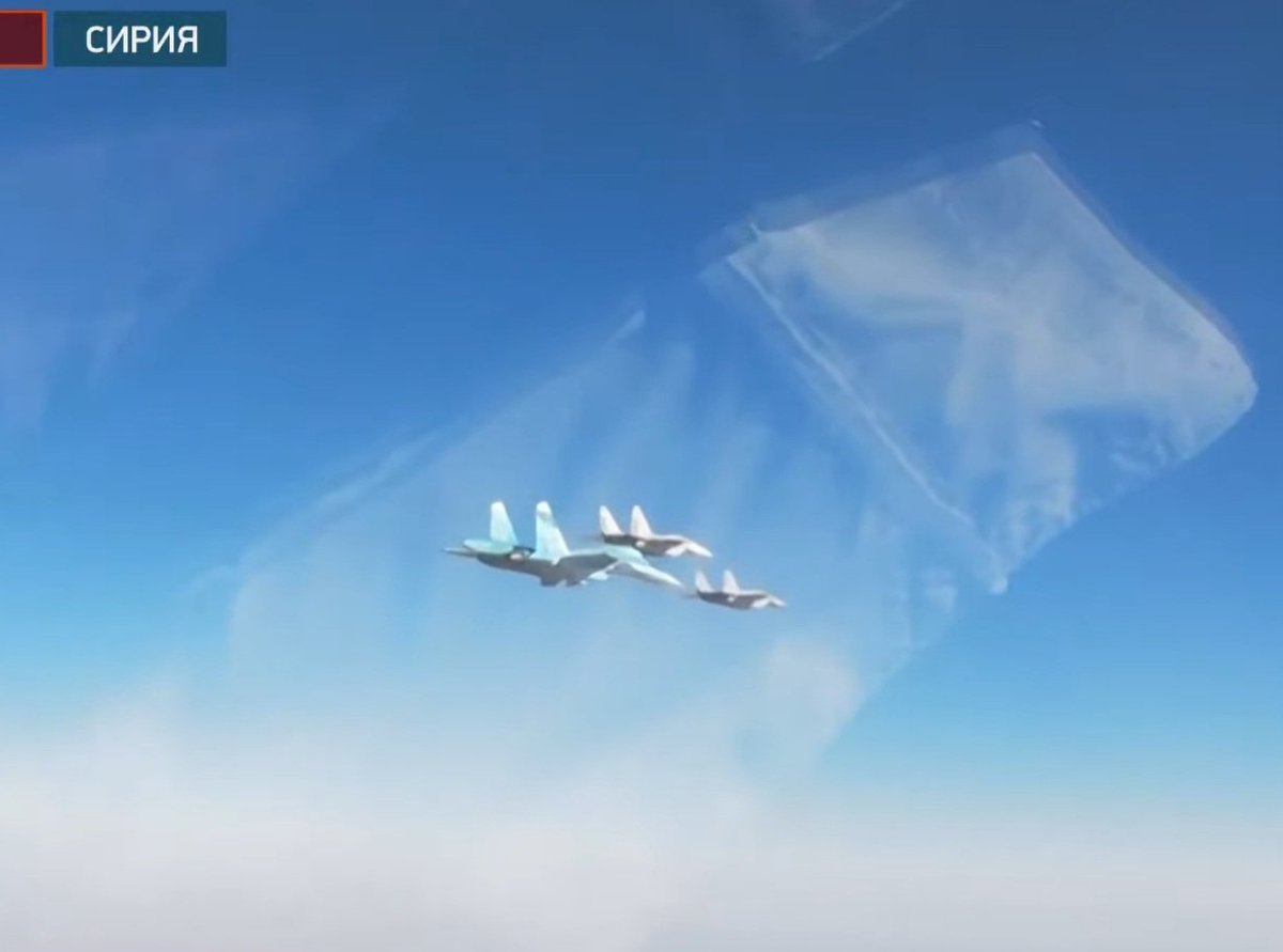 Stills showing a VKS Su-34 and a pair of Syrian Air Force MiG-29s during a recent joint air patrol. This is the first such joint Russian-Syrian air patrol.  