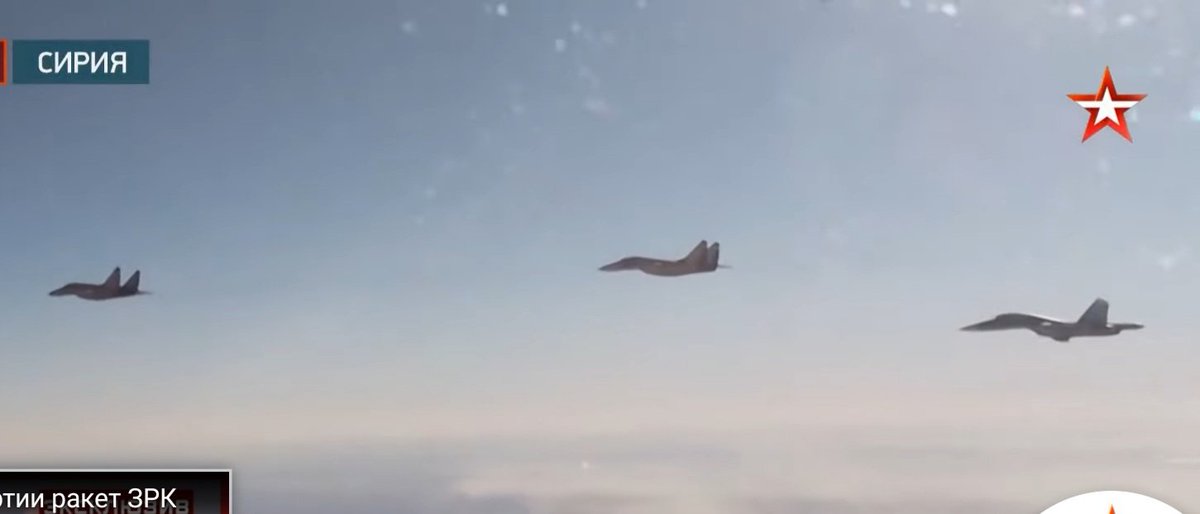 Stills showing a VKS Su-34 and a pair of Syrian Air Force MiG-29s during a recent joint air patrol. This is the first such joint Russian-Syrian air patrol.  