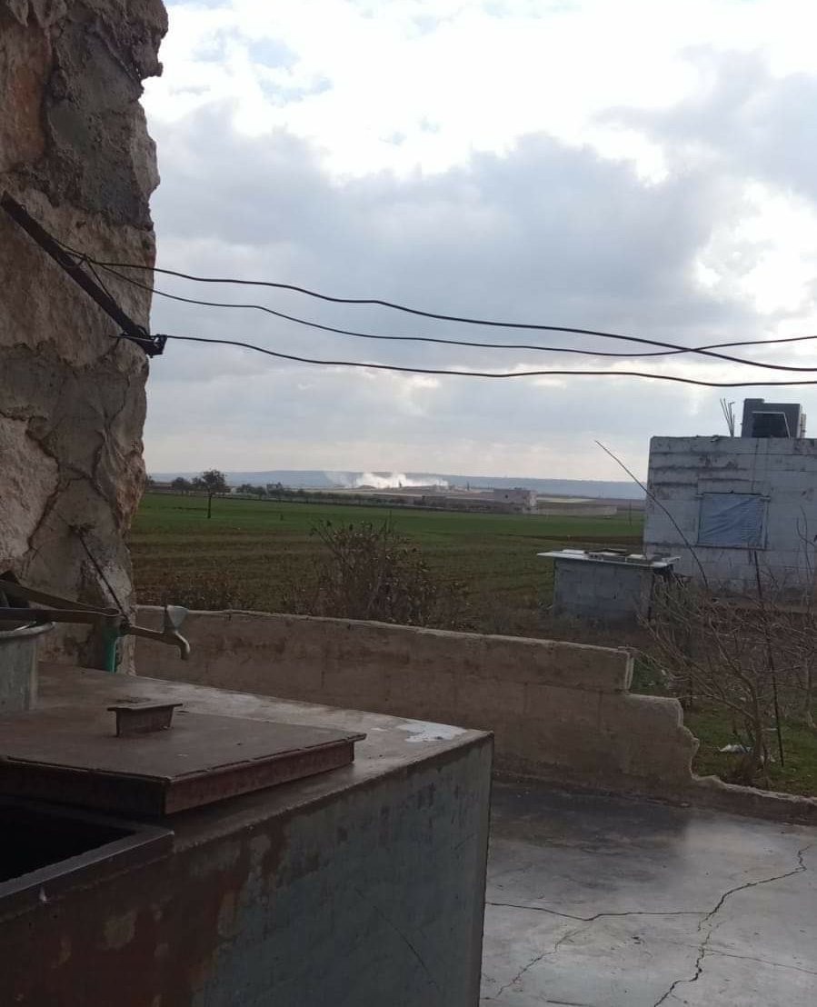 Pro-Assad forces bombard with heavy artillery the outskirts of the city of Atarib in the western countryside of Aleppo, Syria