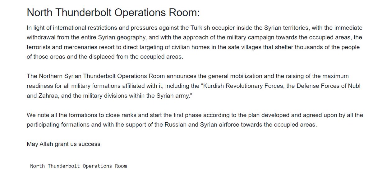 Statement on North Thunderbolt Operations Room translated by RojavaNetwork team