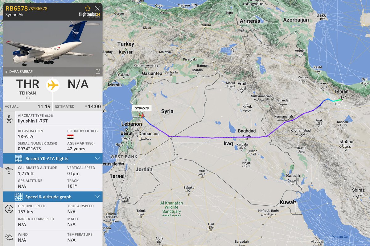Rare Syrian Air Force IL-76 [YK-ATA] flight from Tehran Mehrabad to Shayrat airbase this afternoon