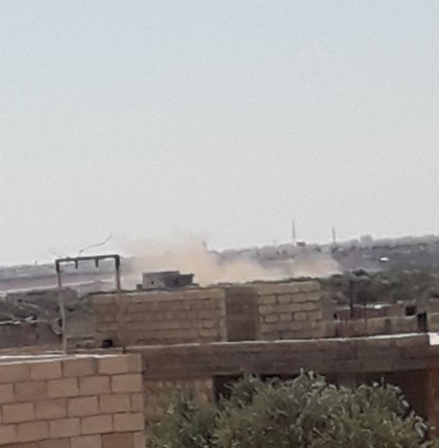 Assad's forces bombard with heavy artillery the outskirts of Sarmin city in Idlib countryside, Syria