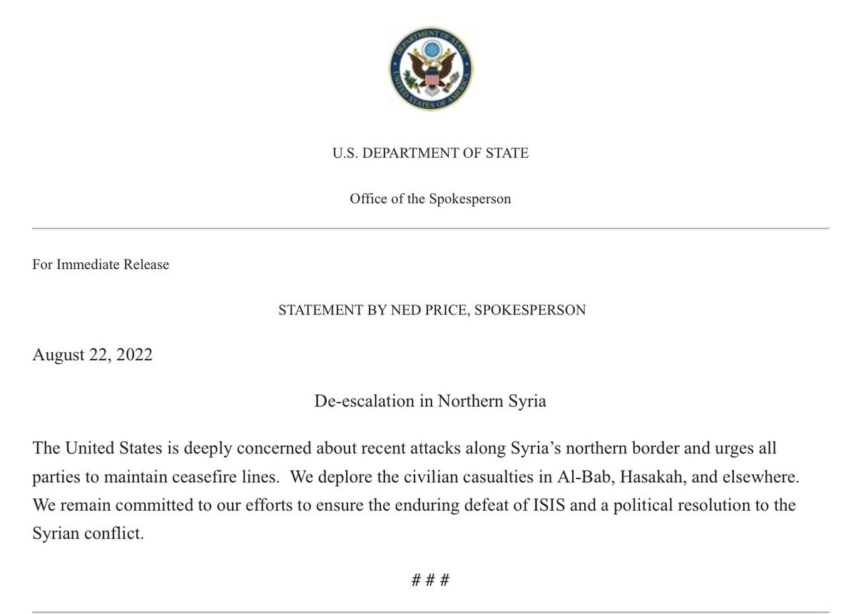 US is deeply concerned about recent attacks along Syria's northern border and urges all parties to maintain ceasefire lines, says @StateDeptSpox