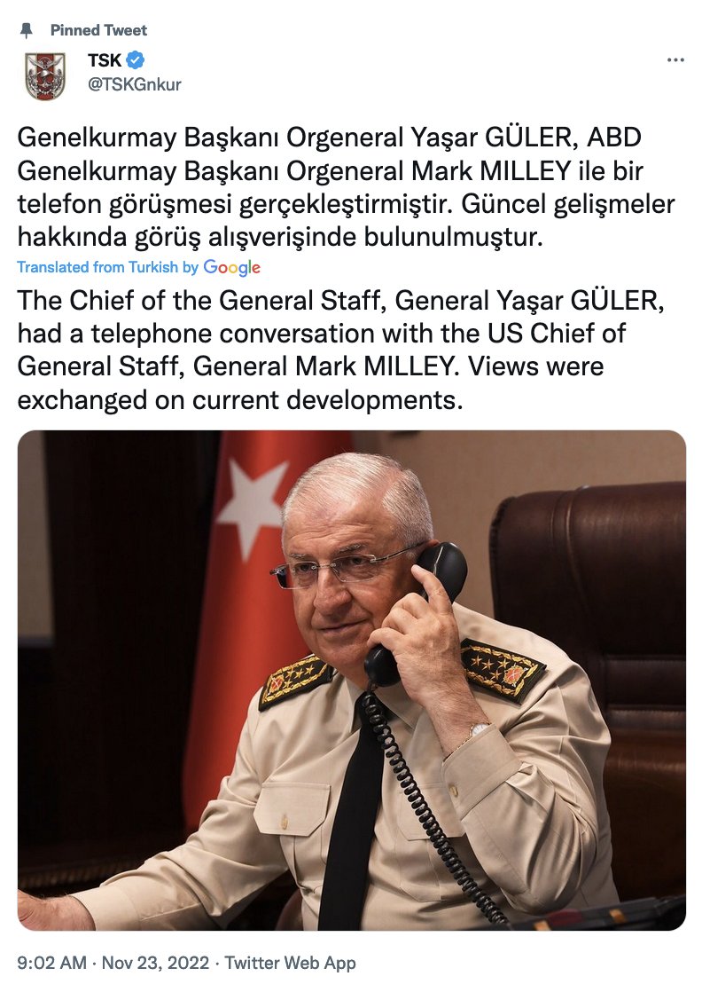 Turkey's Twitter readout of the call with @thejointstaff Chair Gen Mark Milley on current developments