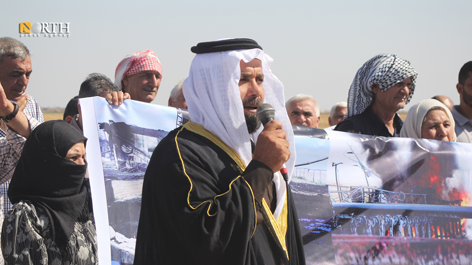 People protest ahead of US military base in the town of Rmelan, NE_Syria, denouncing Turkish attacks against the region