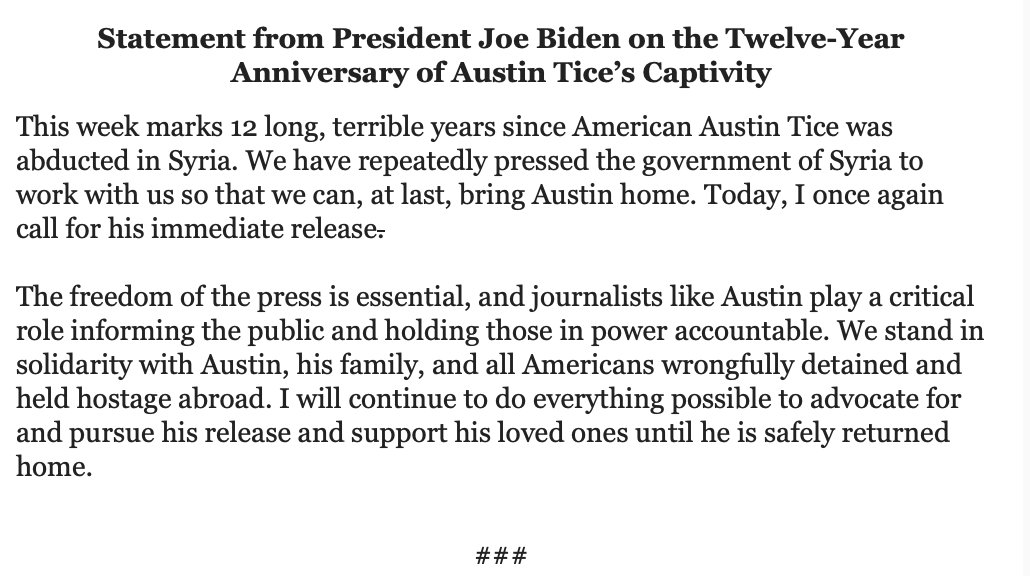 Declaración del presidente Biden en el 12º aniversario del secuestro de Austin Tice en Siria