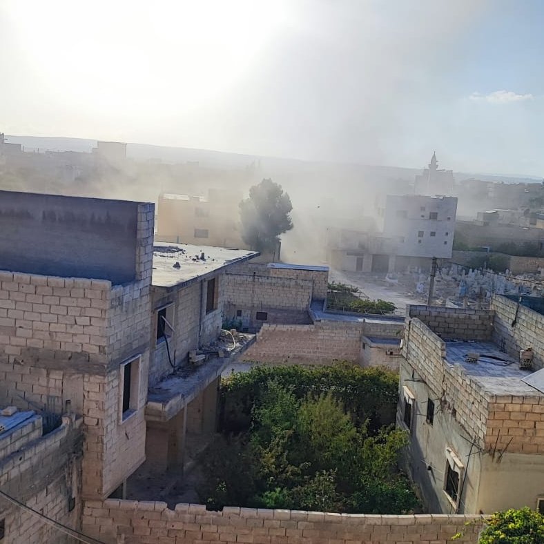 Assad's forces bombard with heavy artillery town of Sarmin in the countryside of Idlib, Syria.As a result of the bombing, there are wounded civilians