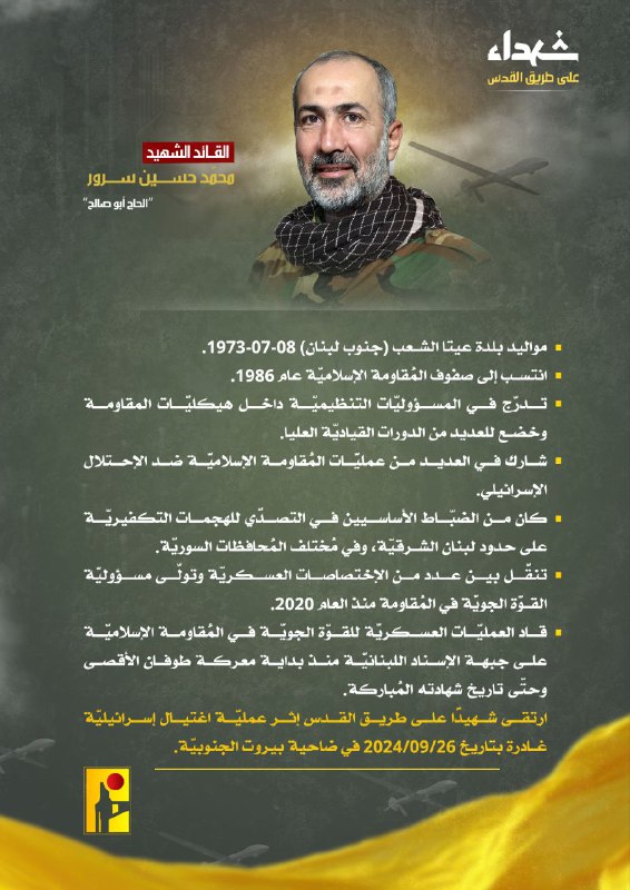 O Hezbollah confirma que o comandante Muhammad Husayn Surur, de 51 anos, foi morto no ataque israelense de quinta-feira em Dahiyeh, em Beirute. Membro desde 1986, teve papel de destaque na luta na Síria, estava no comando da força aérea desde 2020