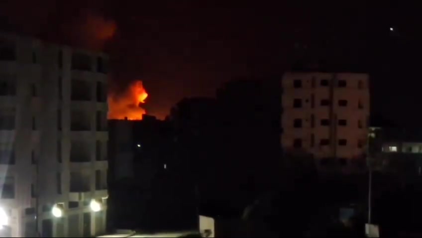 Scenes of missile explosions in the targeted warehouse near the Russian Hmeimim Airport in the city of Jableh in the countryside of Latakia 