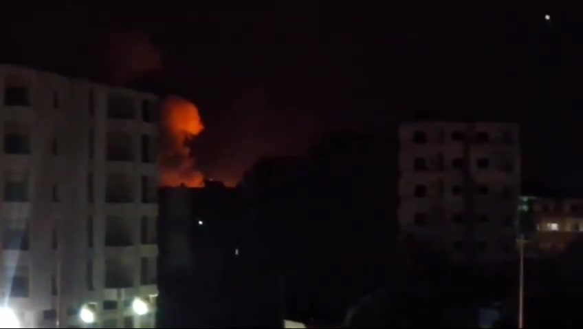 Scenes of missile explosions in the targeted warehouse near the Russian Hmeimim Airport in the city of Jableh in the countryside of Latakia 