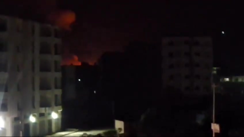 Scenes of missile explosions in the targeted warehouse near the Russian Hmeimim Airport in the city of Jableh in the countryside of Latakia 