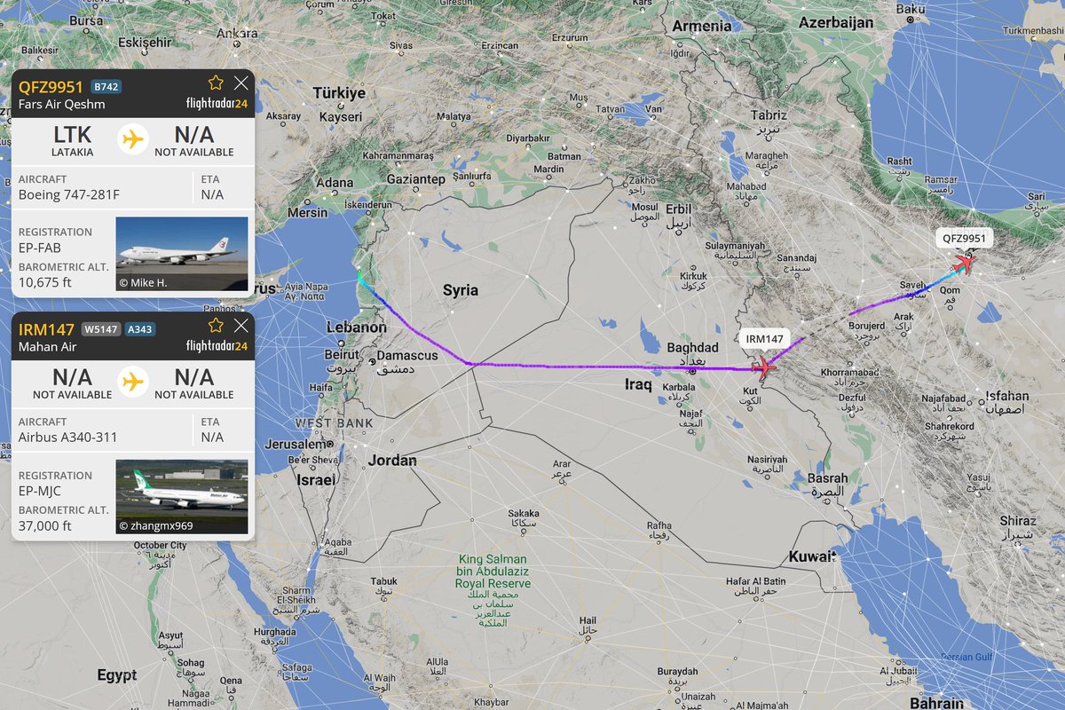 De Iraanse vrachtvliegtuig B747 [EP-FAB] heeft vandaag samen met de Mahan Air A340 [EP-MJC] een nieuwe vlucht gemaakt naar de Russische luchtmachtbasis in Latakia.