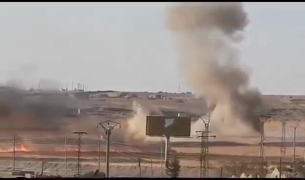 A video showing ongoing airstrikes and artillery shelling by the Turkish army on the outskirts of the town of Ain Issa in northern Raqqa countryside