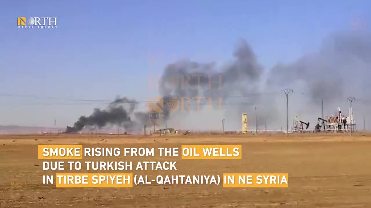 Smoke rising from an oil field in Tirbe Spiyeh (al-Qahtaniya) town in Northeast Syria due to Turkish airstrike.