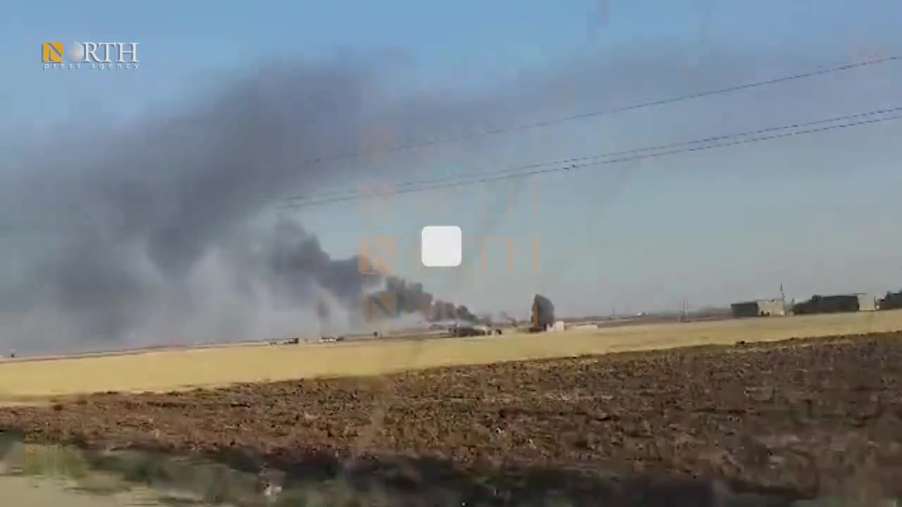 Smoke rising from an oil field in Tirbe Spiyeh (al-Qahtaniya) town in Northeast Syria due to Turkish airstrike.