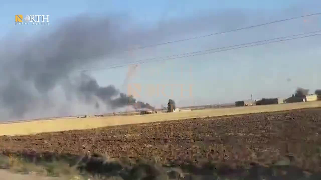 Smoke rising from an oil field in Tirbe Spiyeh (al-Qahtaniya) town in Northeast Syria due to Turkish airstrike.