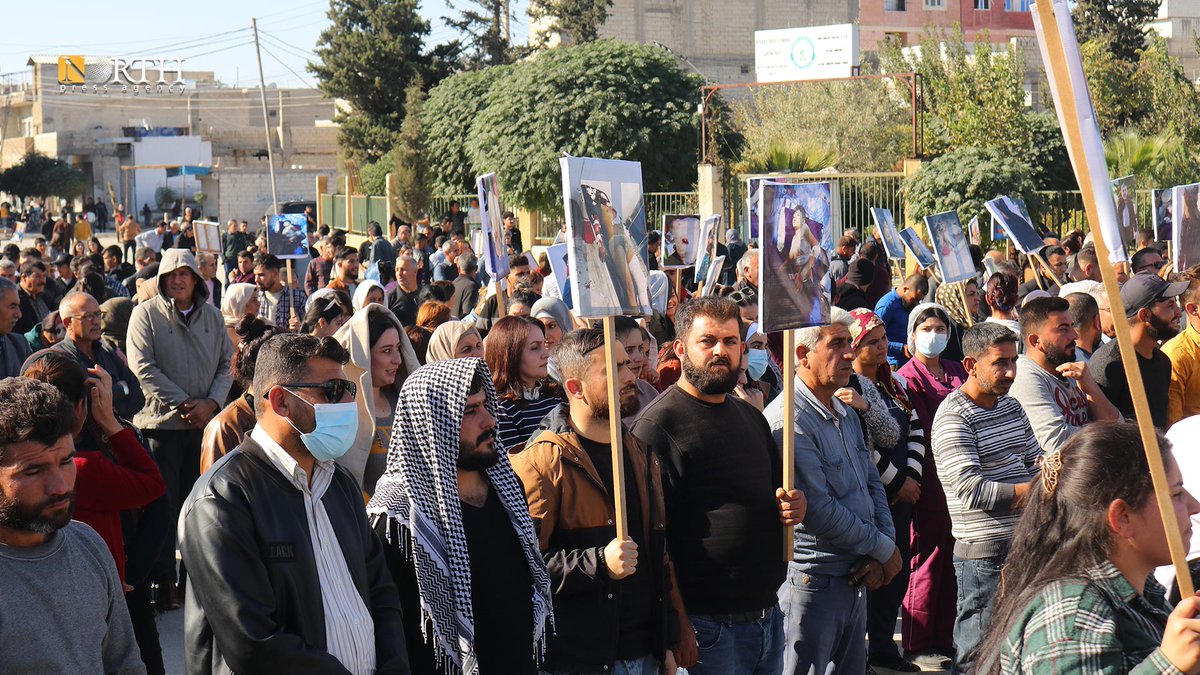 People of Kobani in northern Syria protest against Turkey's airstrikes on NE Syria