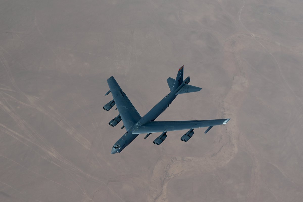 A U.S. Air Force B-52H Stratofortress conducts a combat air patrol in support of Operation Inherent Resolve over the U.S. Central Command area of responsibility