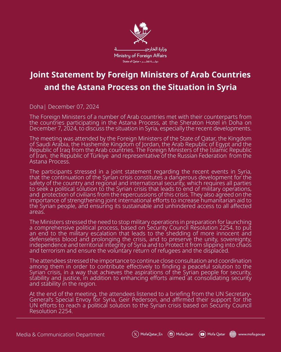 Arab countries with Turkiye and Russia in a joint statement on Syria stated that the continuation of the Syrian crisis constitutes a dangerous development for the safety of the country and regional and international security.nThey calls for a political solution that leads to end of military operations