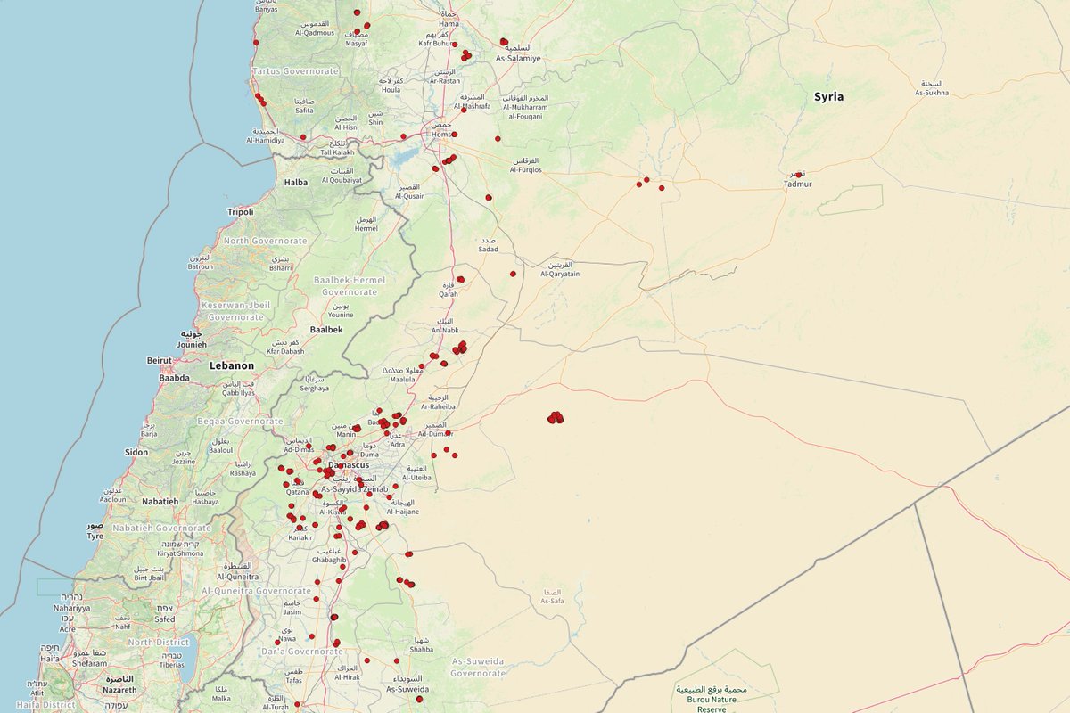 Map of Israeli airstrikes in Syria targeting airbases, air defenses, artillery and ammunition storage sites between 8 and 16 December 2024