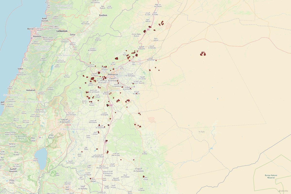 Map of Israeli airstrikes in Syria targeting airbases, air defenses, artillery and ammunition storage sites between 8 and 16 December 2024